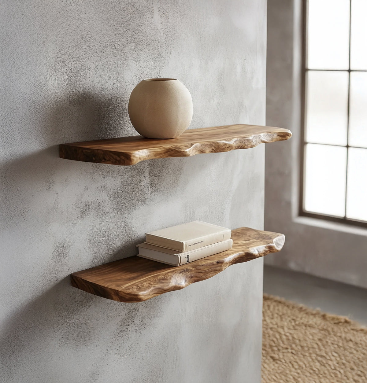 Live edge floating shelves made from natural wood