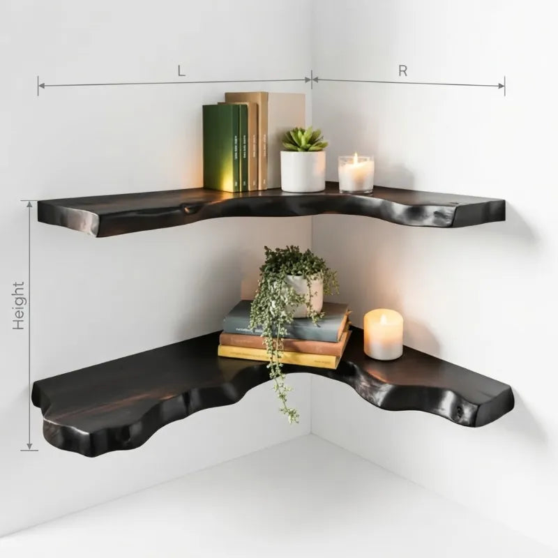 Floating Live Edge Corner Shelf – Dark Organic Modern Wall Shelf