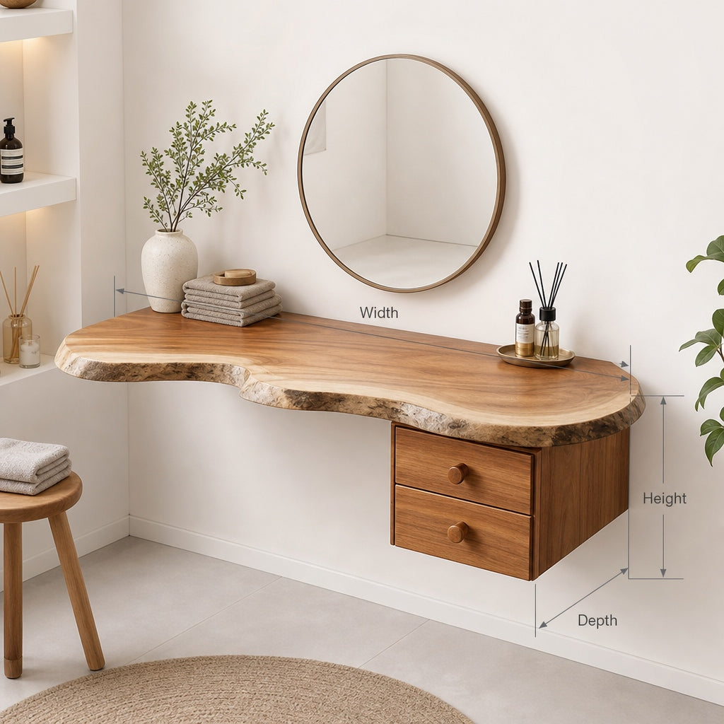 Floating Live Edge Solid Wood Vanity Desk – Organic Japandi Masterpiece