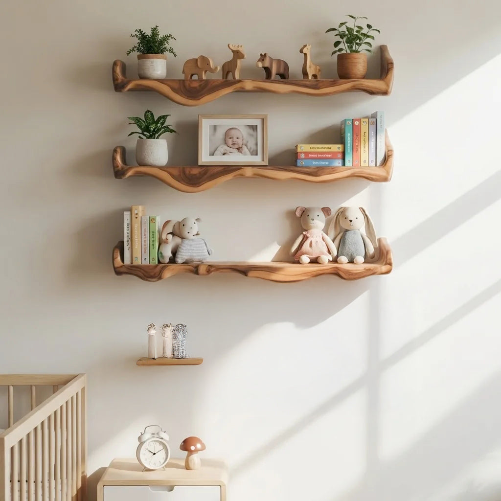 natural wood floating shelves in nursery with baby books, toys, and soft decor items