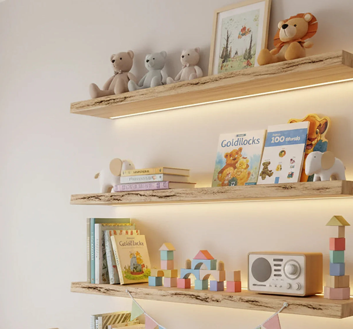 wooden floating shelves mounted on nursery wall displaying baby books and decorative items