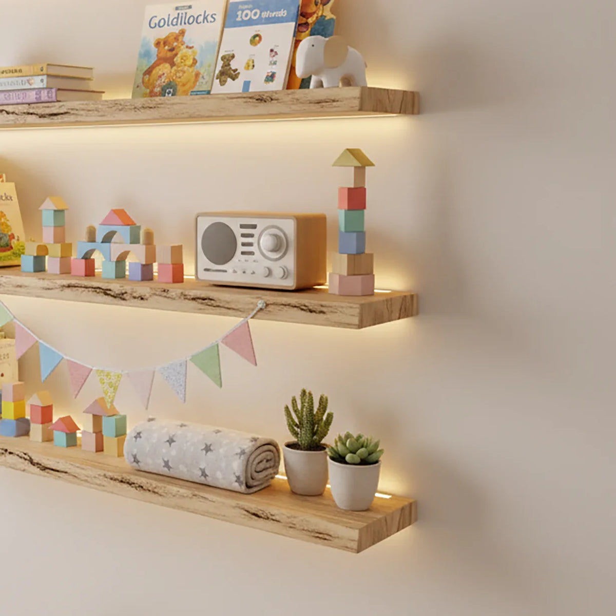wooden floating shelves mounted on nursery wall displaying baby books and decorative items