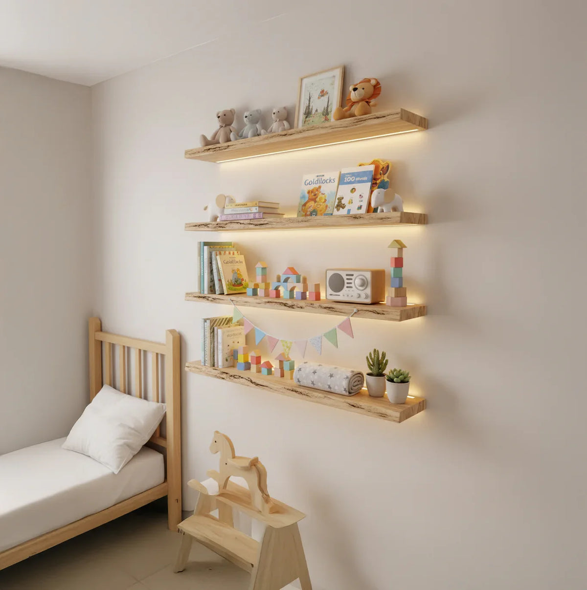 wooden floating shelves mounted on nursery wall displaying baby books and decorative items