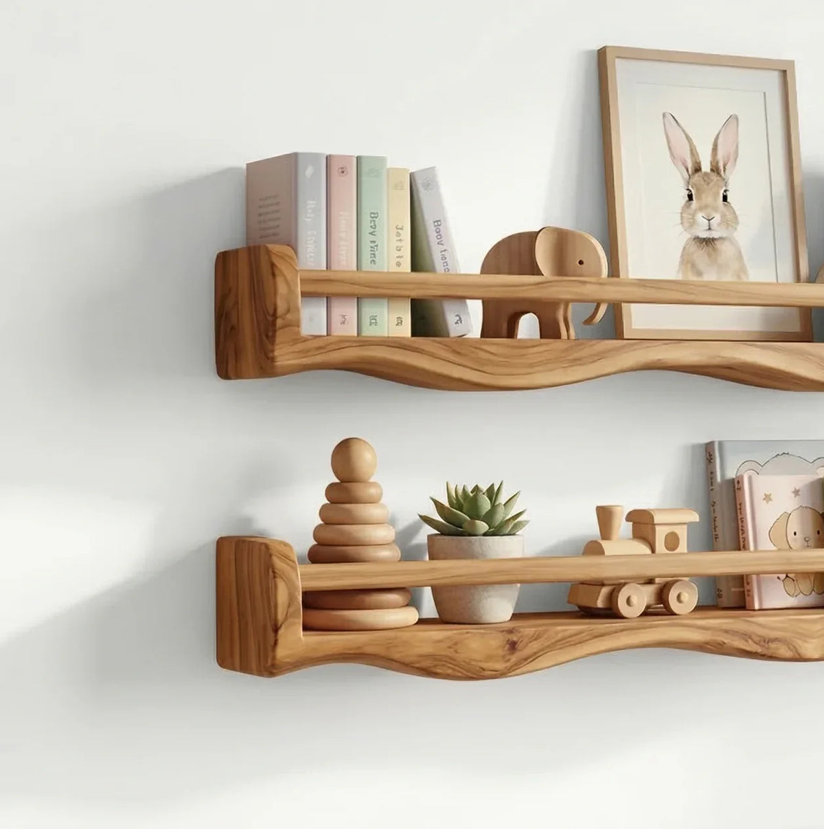 handmade wood floating shelves in nursery with books, toys, and soft decor items