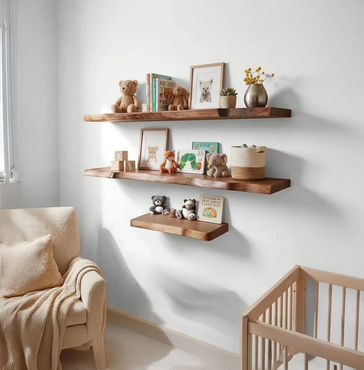 personalized solid wood nursery shelves in kids room with books, toys, and decor items