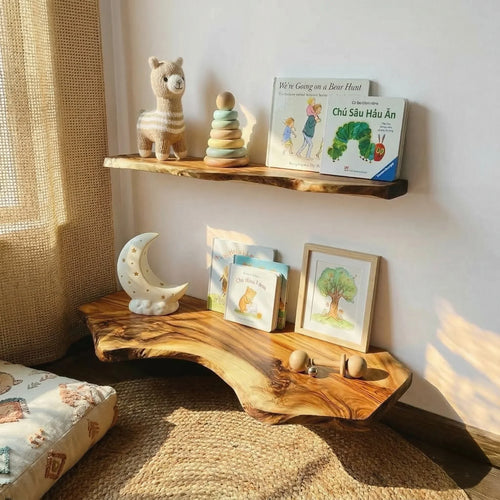 Modern Natural Wood Floating Shelf - Handcrafted Live Edge Decor for Kids' Spaces