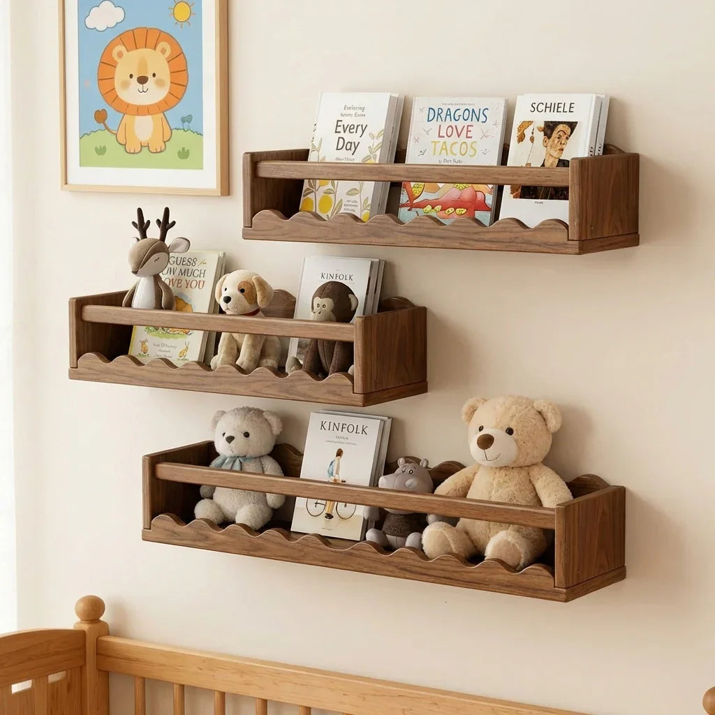 live edge nursery shelves made from solid wood with books and toys displayed in kids room