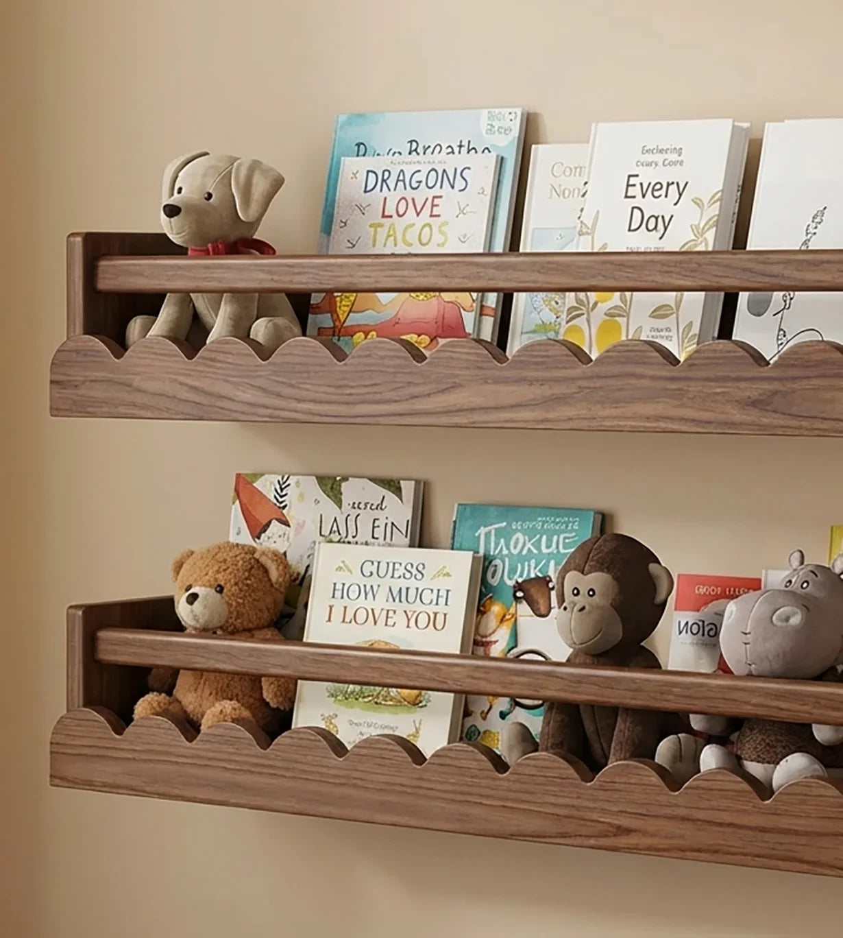 live edge nursery shelves made from solid wood with books and toys displayed in kids room