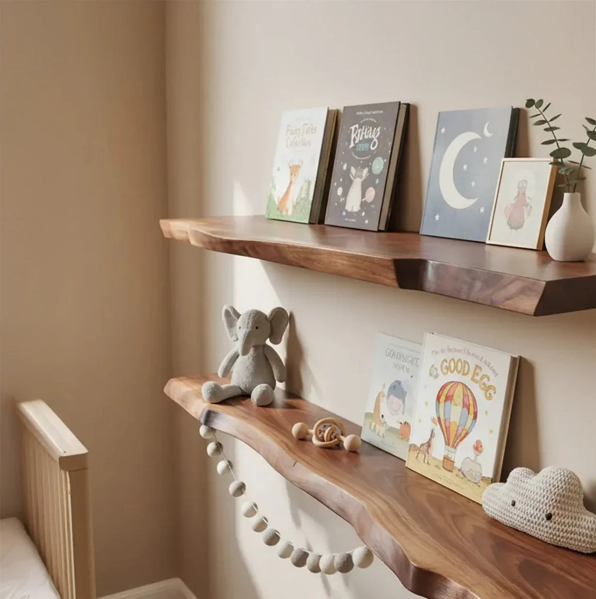 natural handcrafted floating nursery shelves with books and toys in a cozy baby room