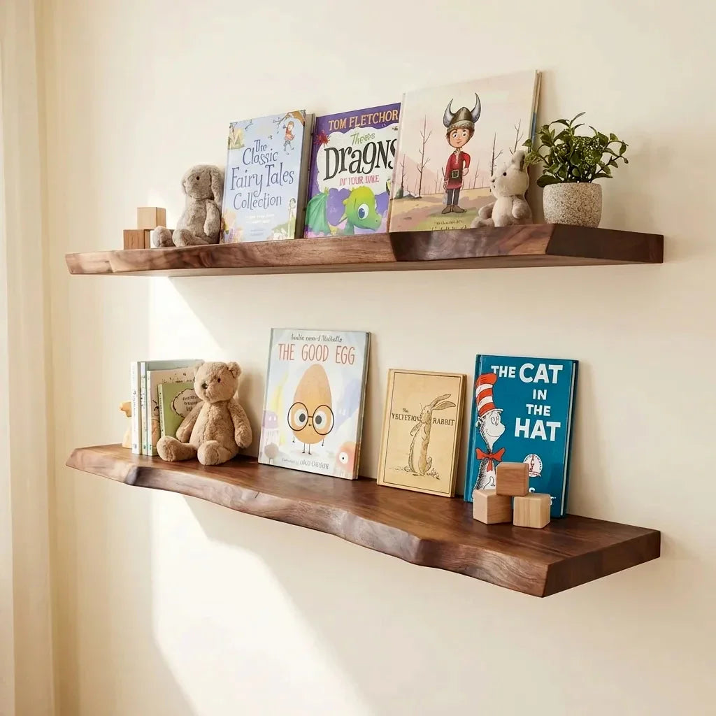 natural handcrafted floating nursery shelves with books and toys in a cozy baby room