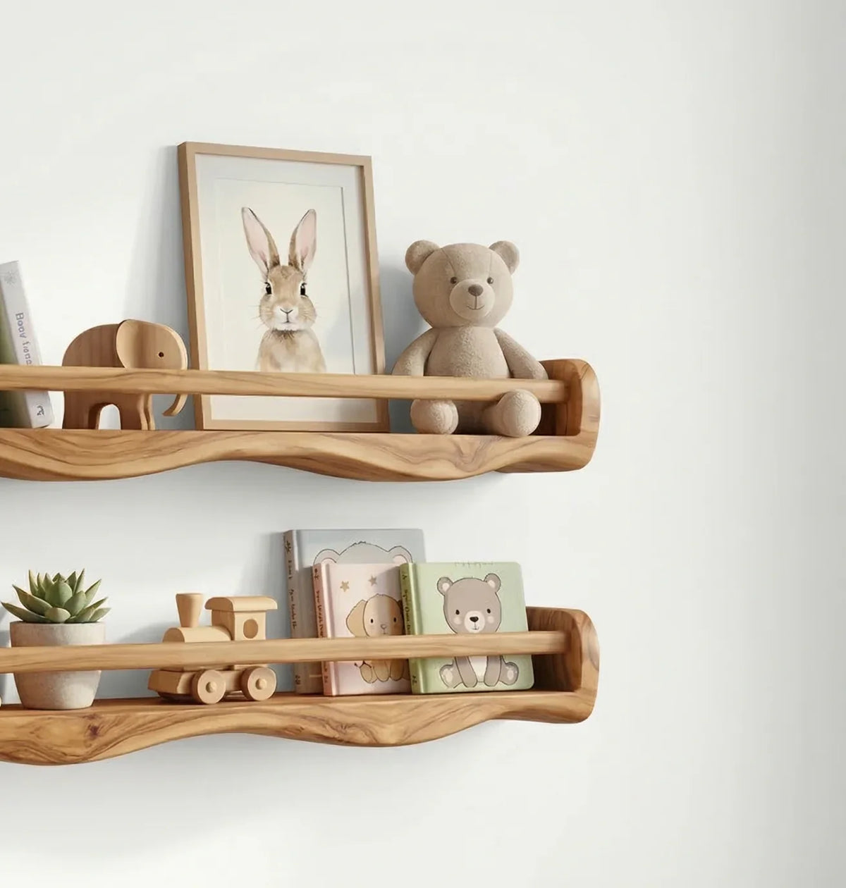 handmade wood floating shelves in nursery with books, toys, and soft decor items