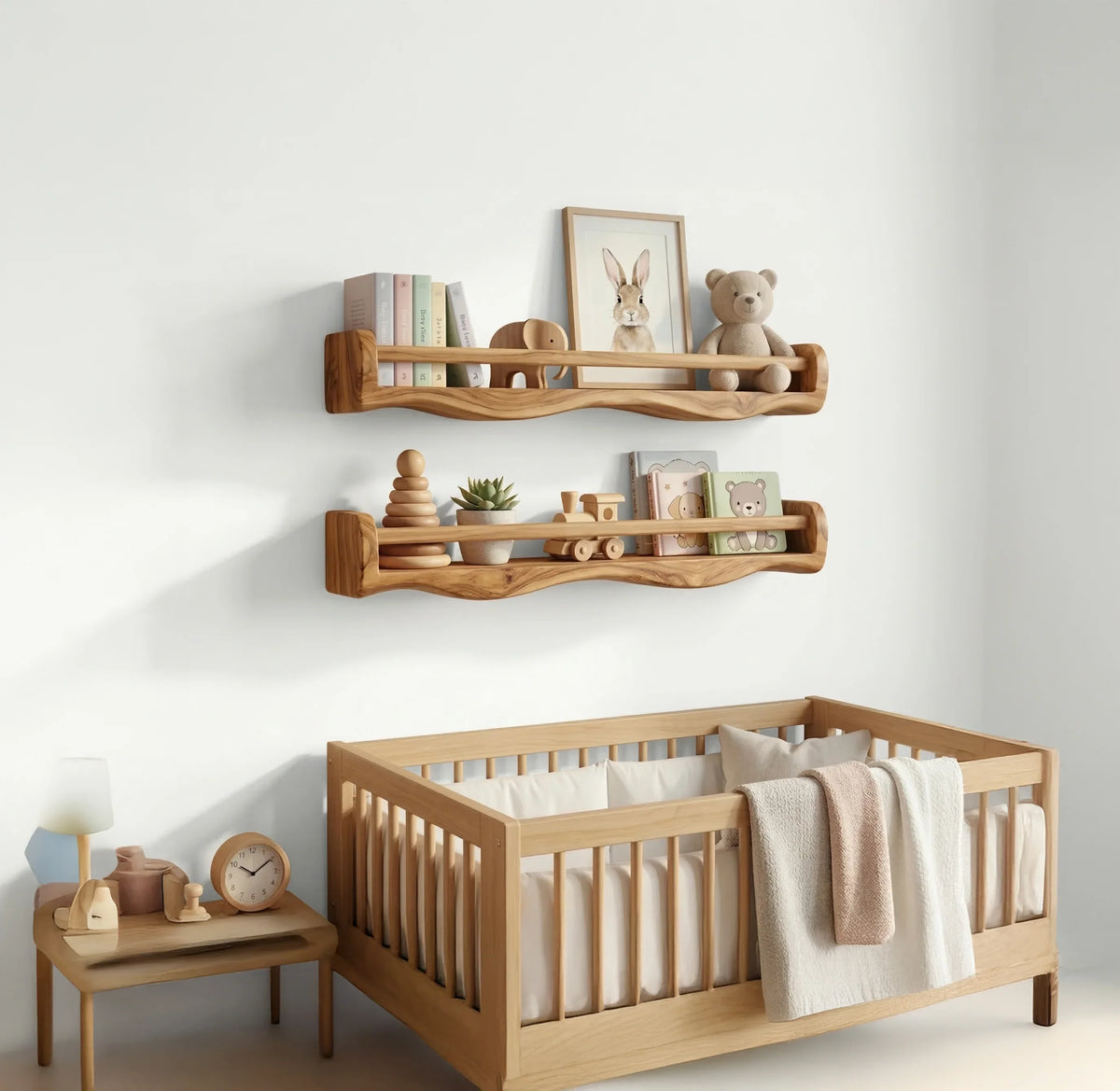 handmade wood floating shelves in nursery with books, toys, and soft decor items