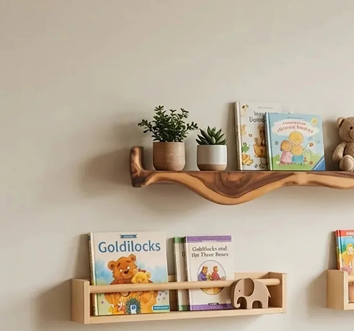 handcrafted live edge floating shelves in nursery with books, toys, and soft decor