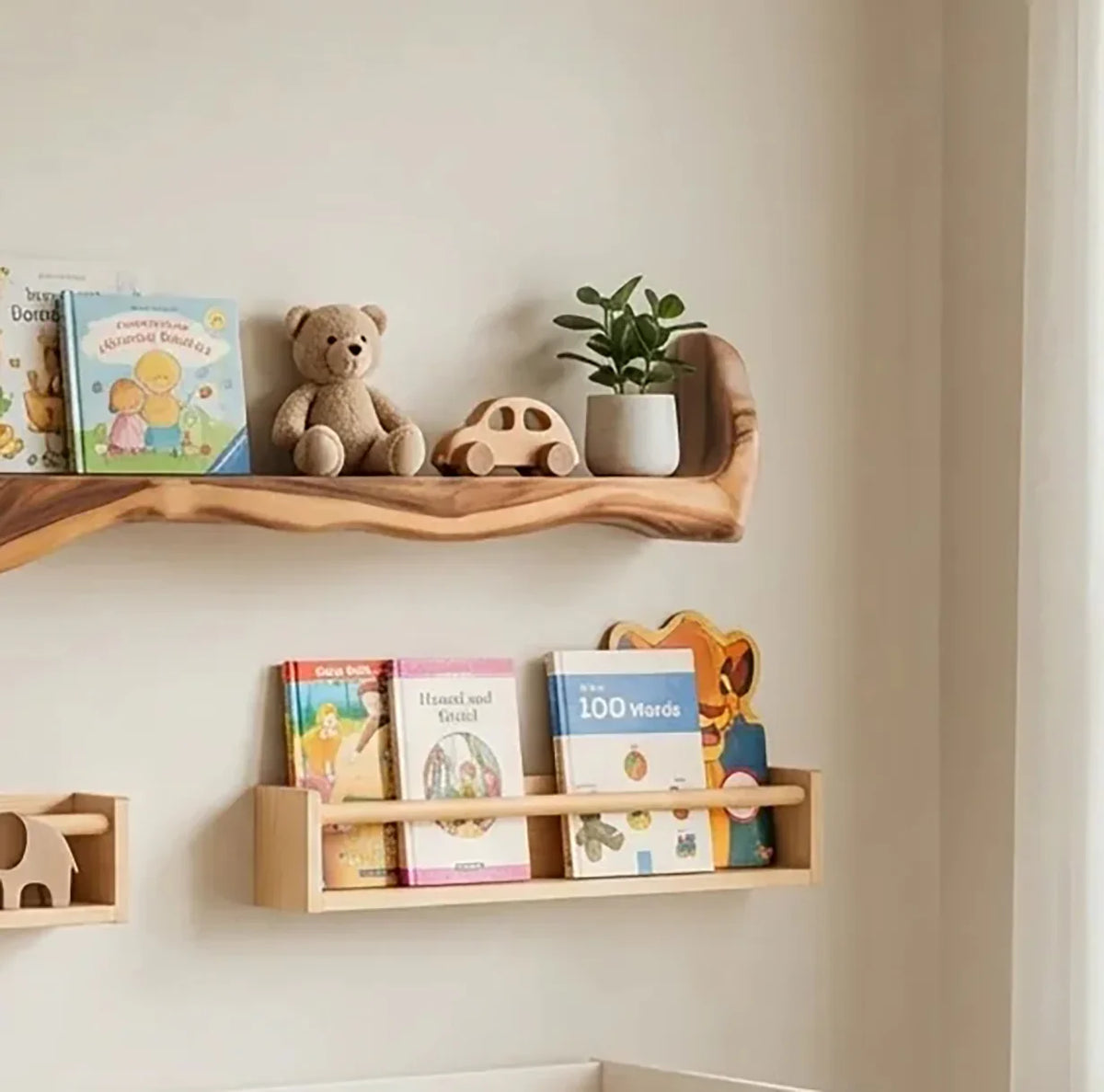 handcrafted live edge floating shelves in nursery with books, toys, and soft decor