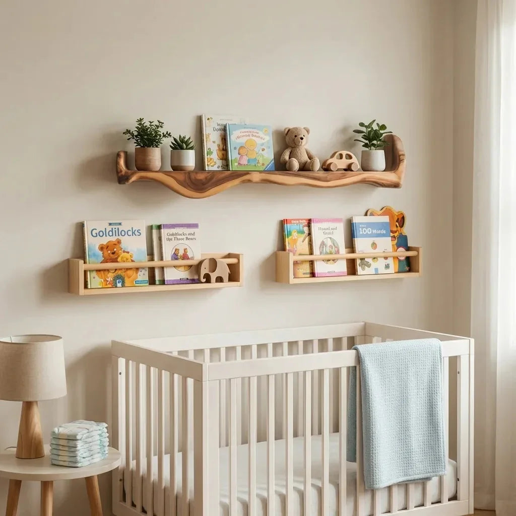 handcrafted live edge floating shelves in nursery with books, toys, and soft decor