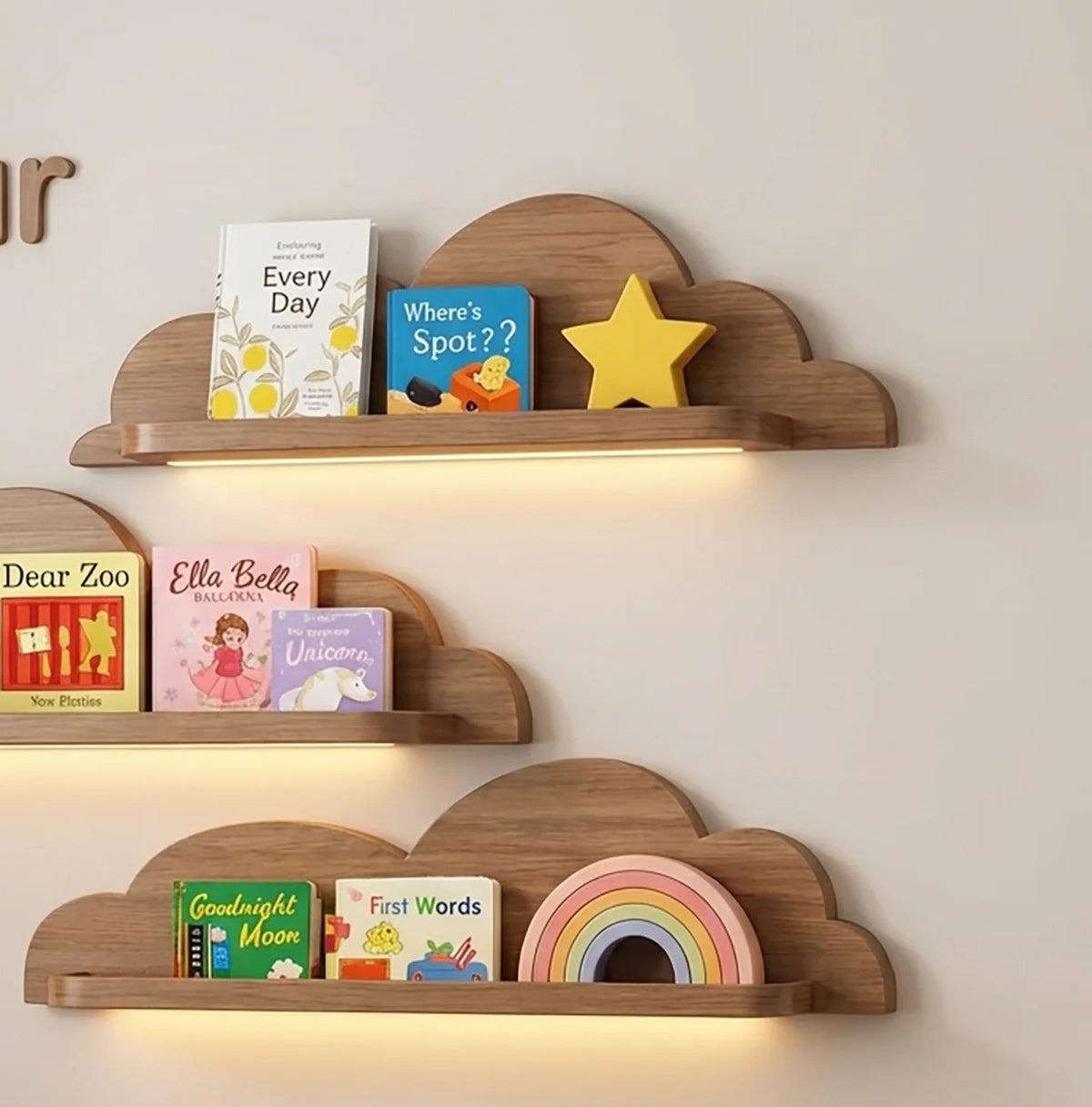 Handcrafted live edge floating shelves in nursery with books, toys, and soft decor items