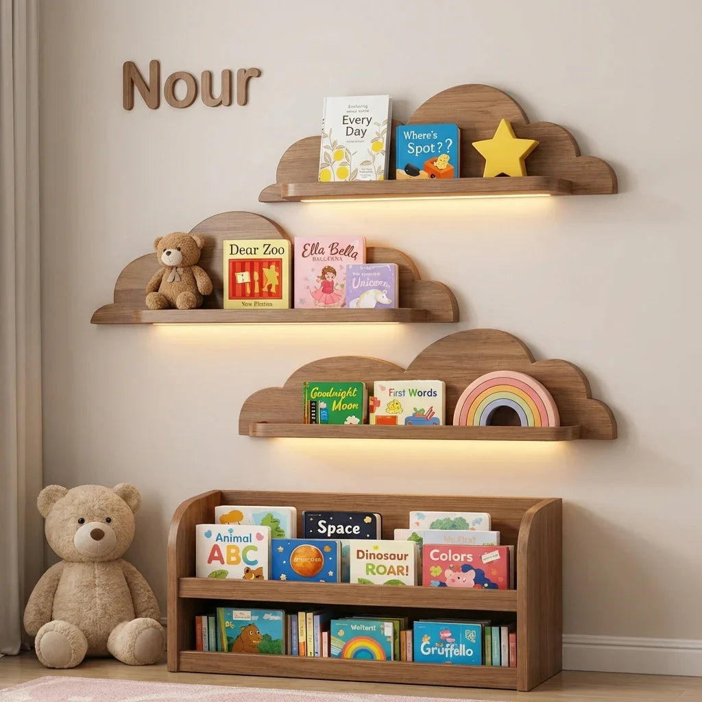 Handcrafted live edge floating shelves in nursery with books, toys, and soft decor items