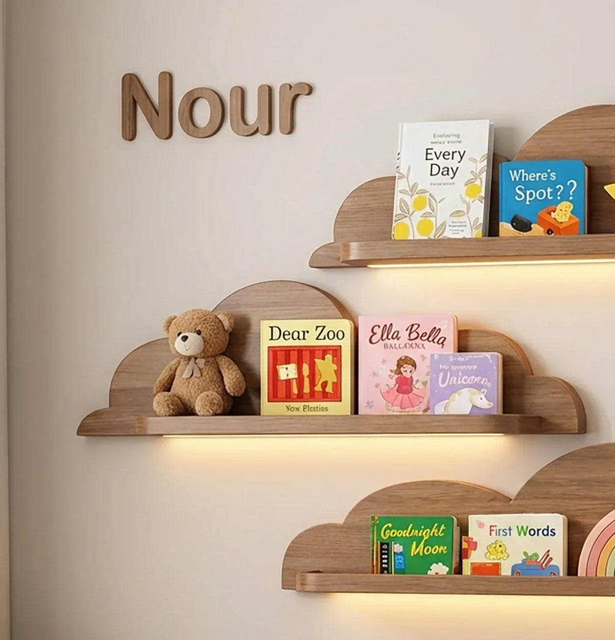 Handcrafted live edge floating shelves in nursery with books, toys, and soft decor items