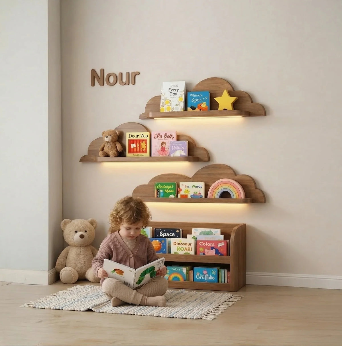 Handcrafted live edge floating shelves in nursery with books, toys, and soft decor items