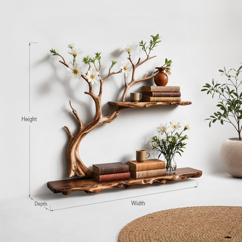 Wood tree bookshelf designed as floating driftwood wall art decor for homes