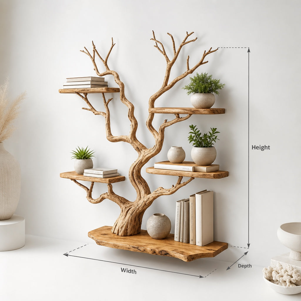 Floating Tree Branch Bookshelf – Solid Wood Driftwood Wall Art