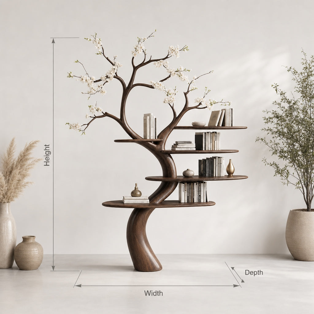 Corner tree bookshelf styled with floral accents in a bright room