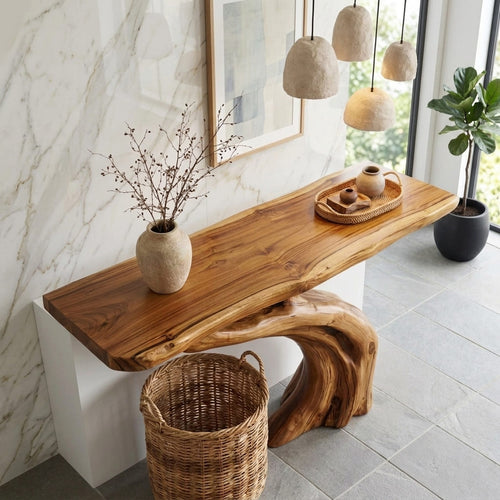 Flowing Live Edge Solid Wood Console Table with Artistic Organic Base