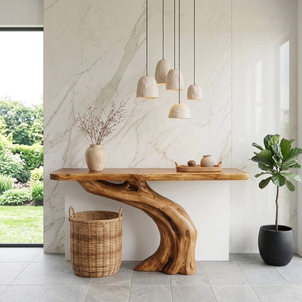 Flowing solid wood console table styled in a modern entryway