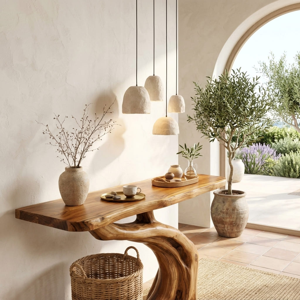 Flowing solid wood console table with artistic organic base