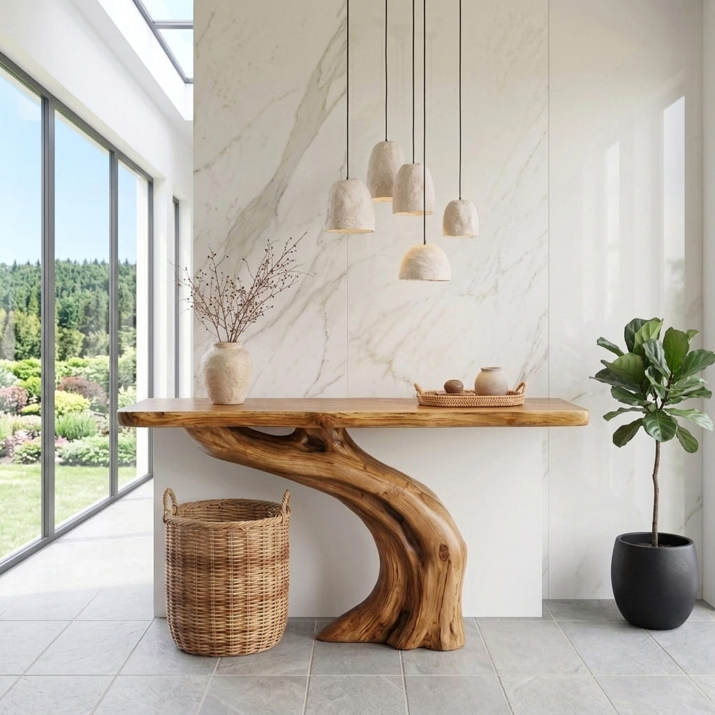Live edge console table made from natural hardwood designed for elegant hallway and foyer spaces
