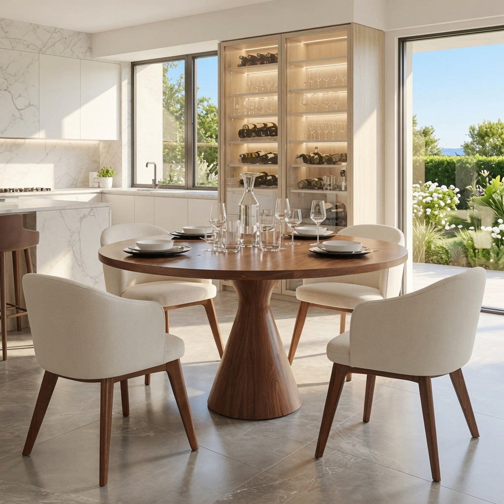 Flowing pedestal solid wood round dining table in a Japandi dining room