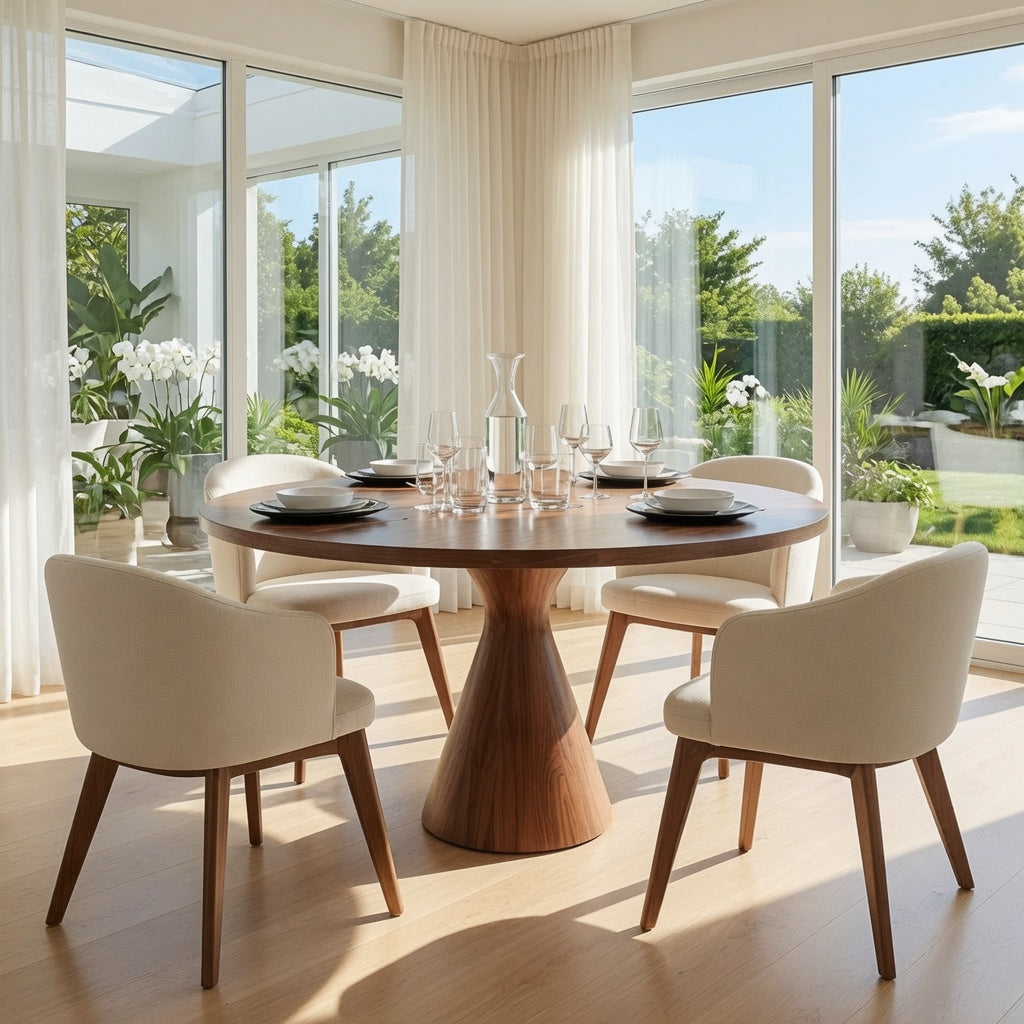 Handcrafted hardwood dining table creating a sculptural centerpiece in a modern home