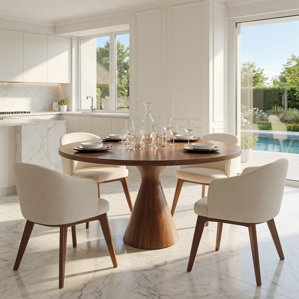 Organic modern round dining table paired with minimalist dining chairs