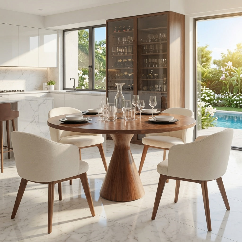 Japandi solid wood pedestal dining table enhancing a contemporary dining space