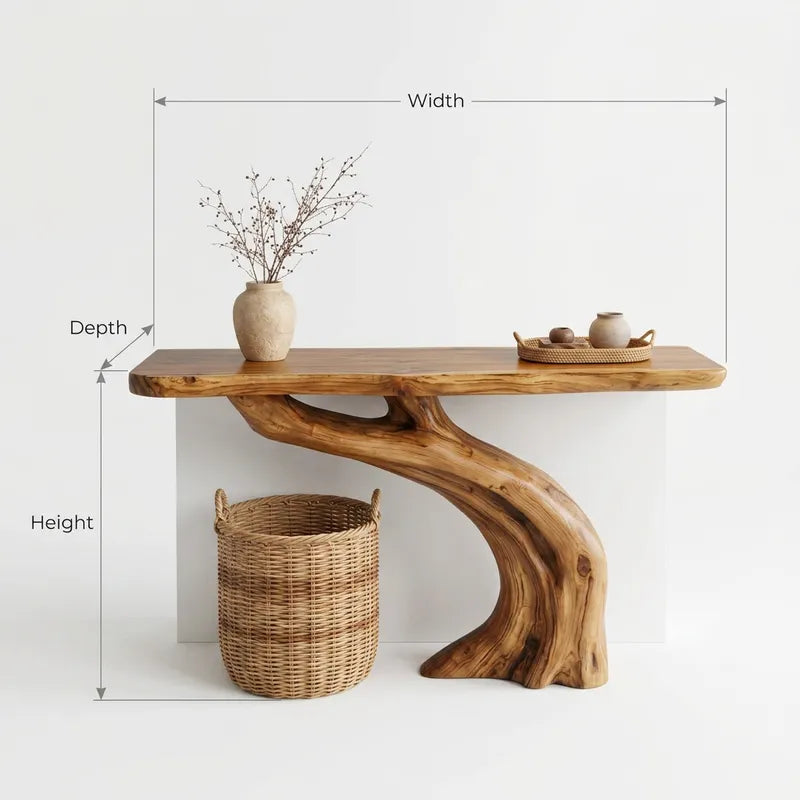Flowing Live Edge Solid Wood Console Table with Artistic Organic Base