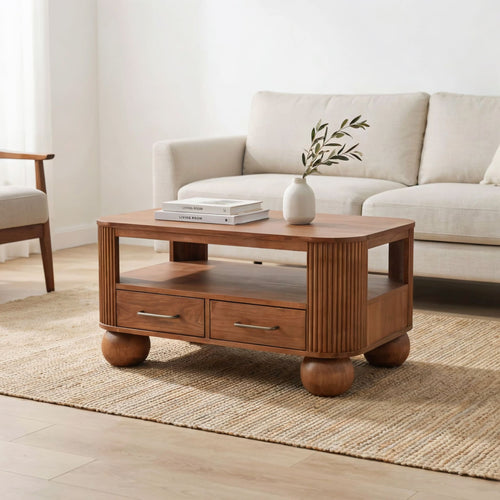 Fluted Solid Wood Coffee Table with Drawers & Spherical Legs