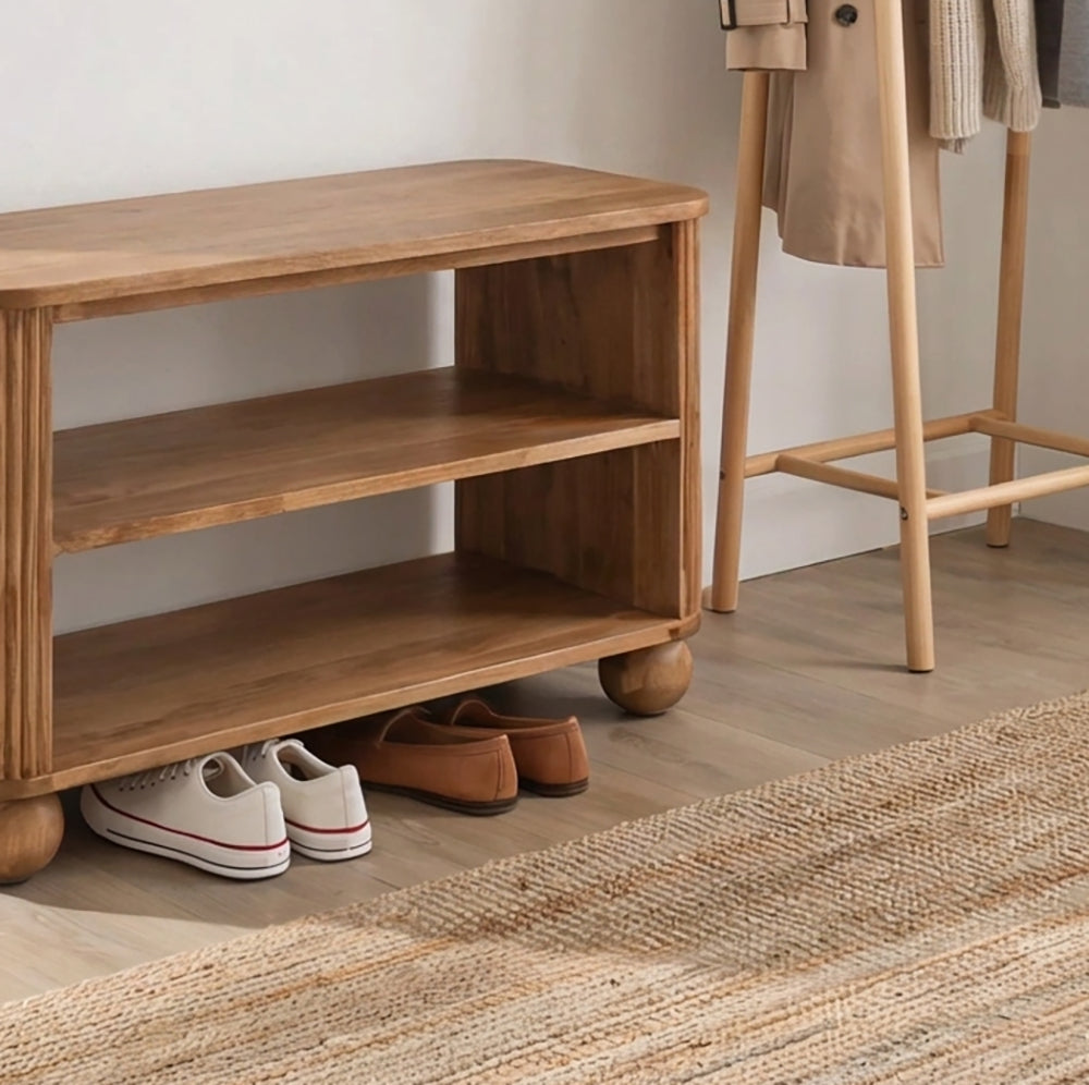 Modern solid wood bench featuring elegant fluted detailing and rounded leg design