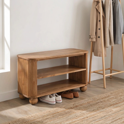 Fluted Solid Wood Entryway Bench with Spherical Legs