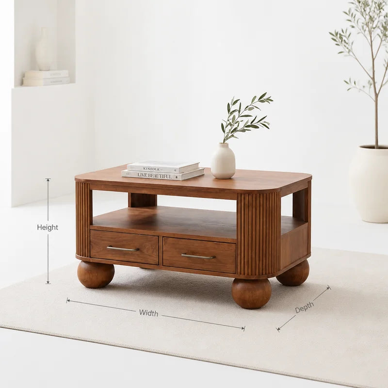 Fluted Solid Wood Coffee Table with Drawers & Spherical Legs