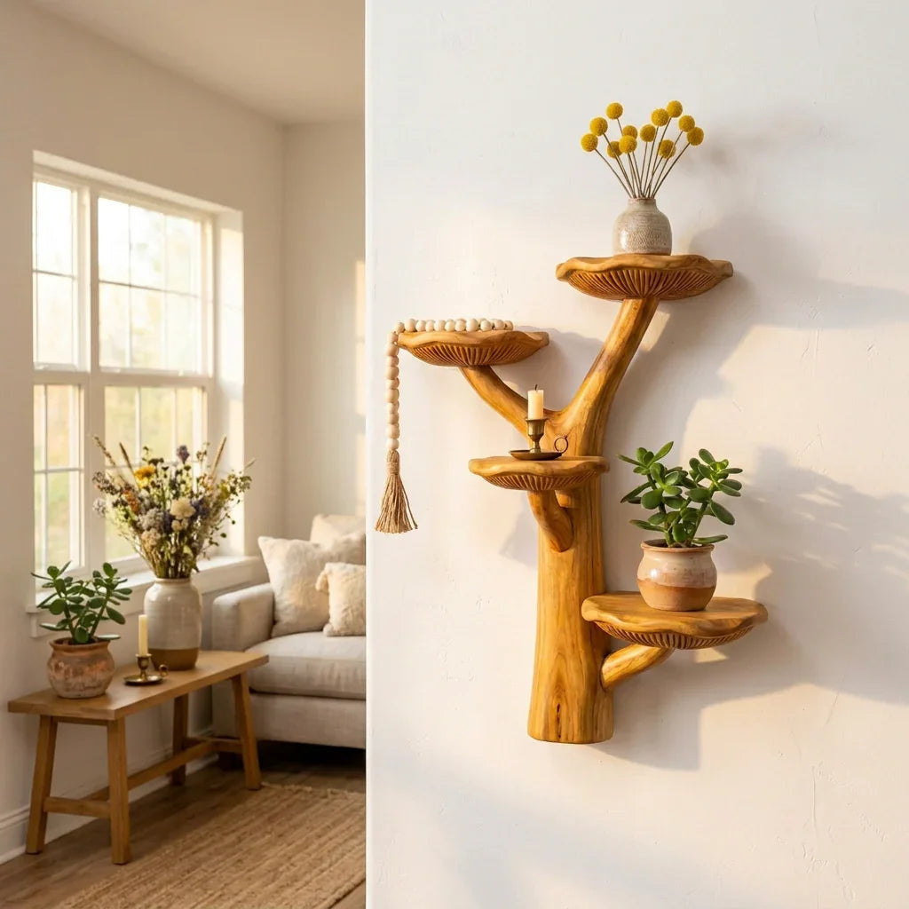 Forked Trunk Mushroom Wall Shelf with 4 Asymmetric Caps - Handcrafted Solid Wood Branching Tree Shelf with Carved Gill Detail and Y-Split Trunk - Ashdeco 2026