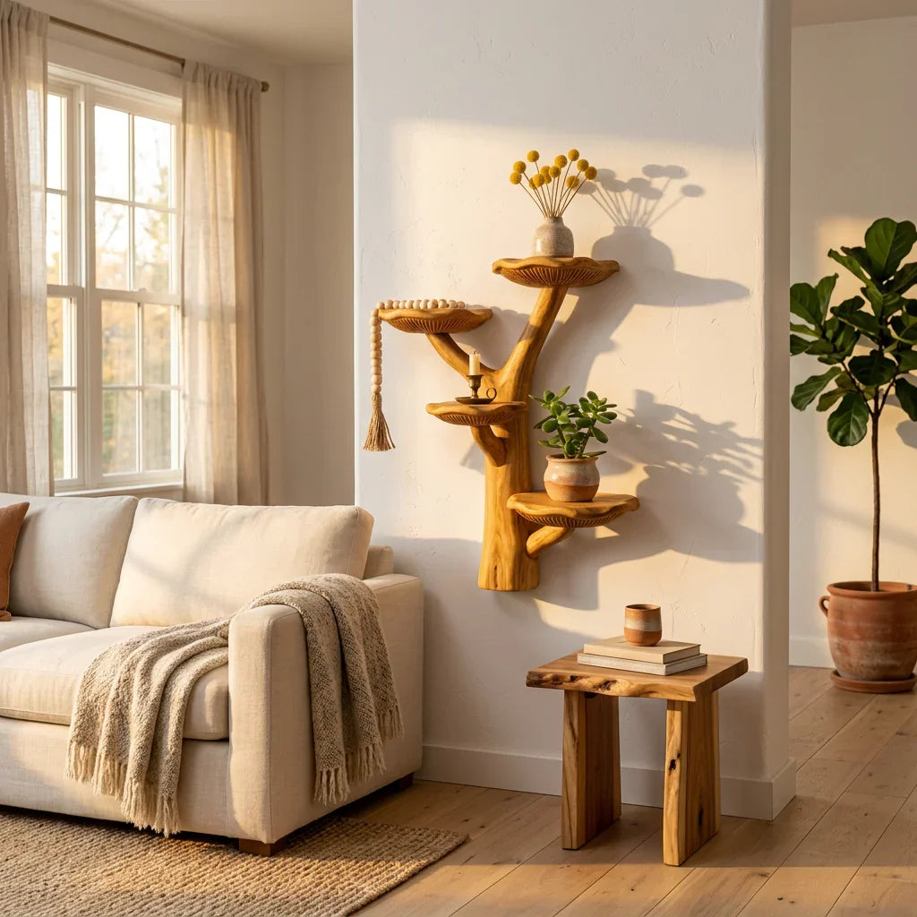 Forked Trunk Mushroom Wall Shelf with 4 Asymmetric Caps - Handcrafted Solid Wood Branching Tree Shelf with Carved Gill Detail and Y-Split Trunk - Ashdeco 2026