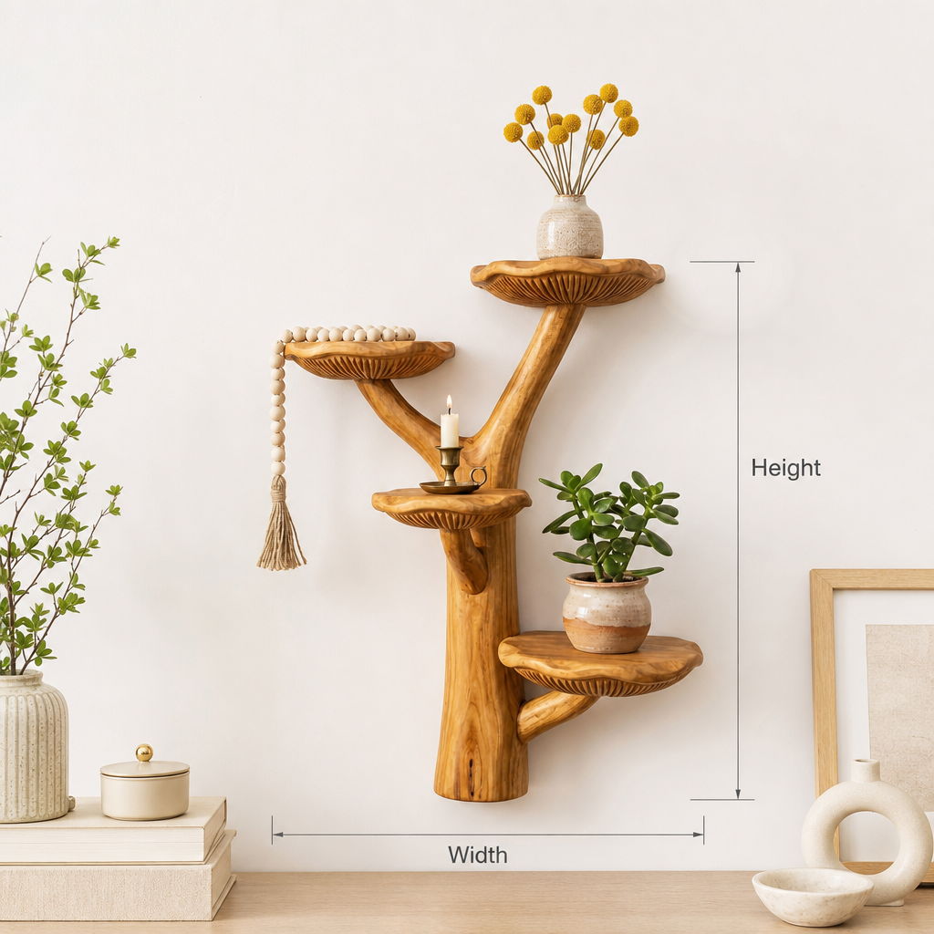 Forked Trunk Mushroom Wall Shelf with 4 Asymmetric Caps - Handcrafted Solid Wood Branching Tree Shelf with Carved Gill Detail and Y-Split Trunk