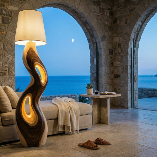 S-Curve Wooden Floor Lamp - Driftwood Standing Light With Dual Glow Openings