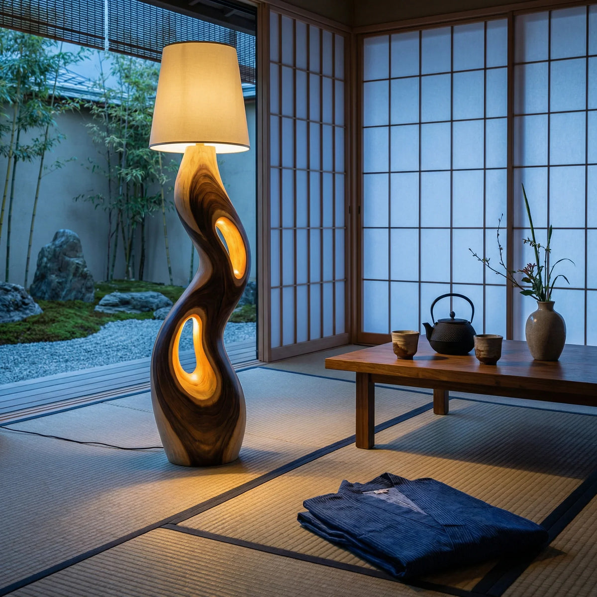 Freeform sculpted wood floor lamp with triple openings in a minimalist Japanese living room