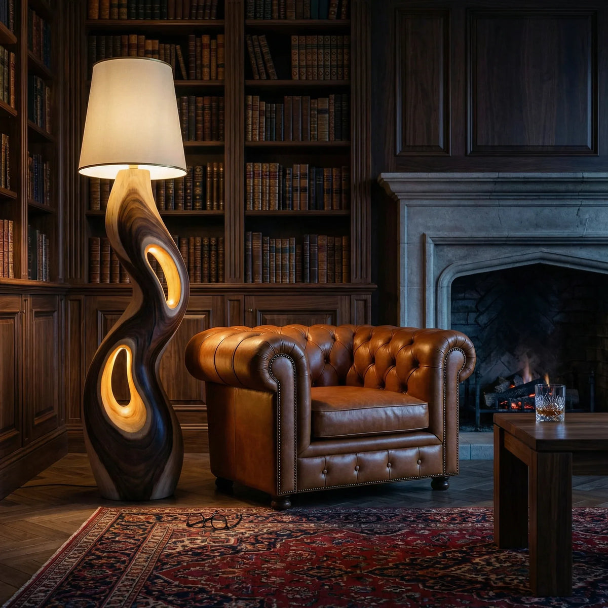 Freeform sculpted wood floor lamp with triple openings beside a leather armchair in a cozy library