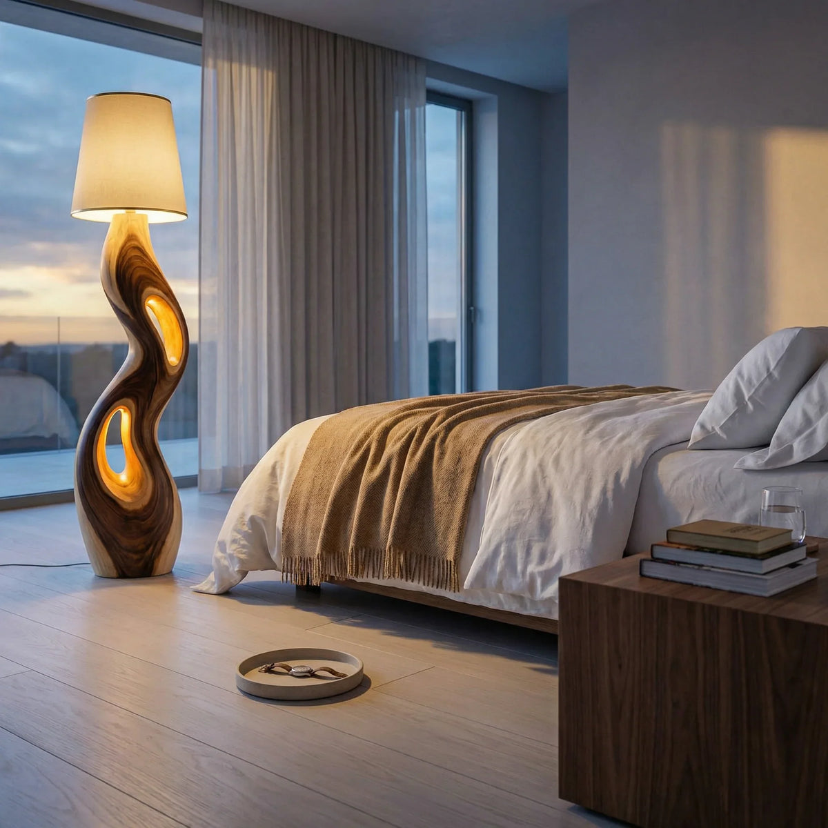 Freeform sculpted wood floor lamp with triple openings beside a modern bed in a cozy bedroom