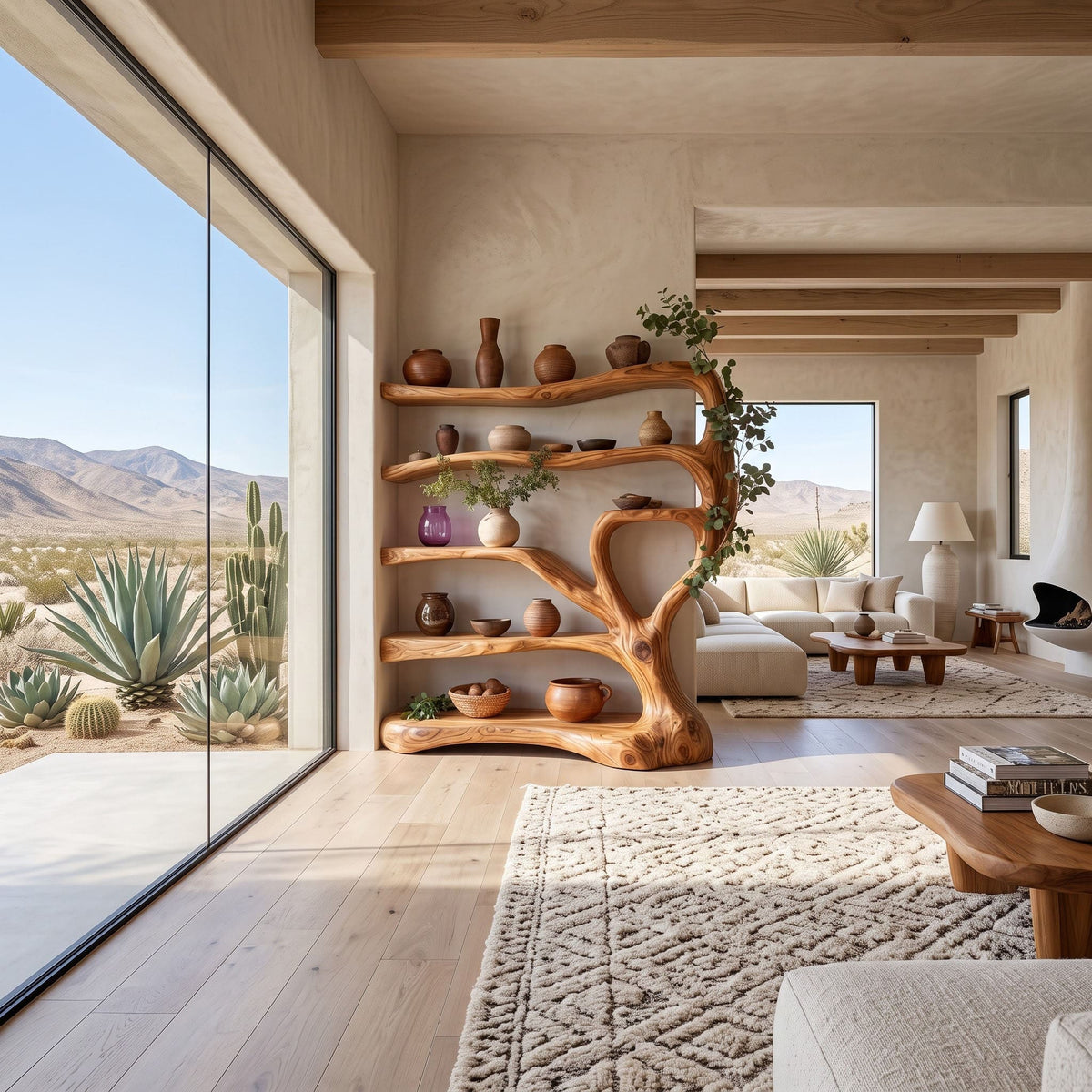 Organic solid wood freestanding display shelf styled as a partition in an open-concept living room