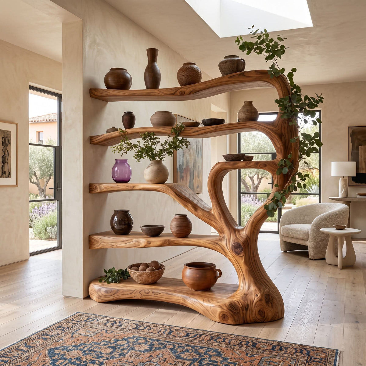 Contemporary solid wood open bookcase screen separating a dining and lounge area
