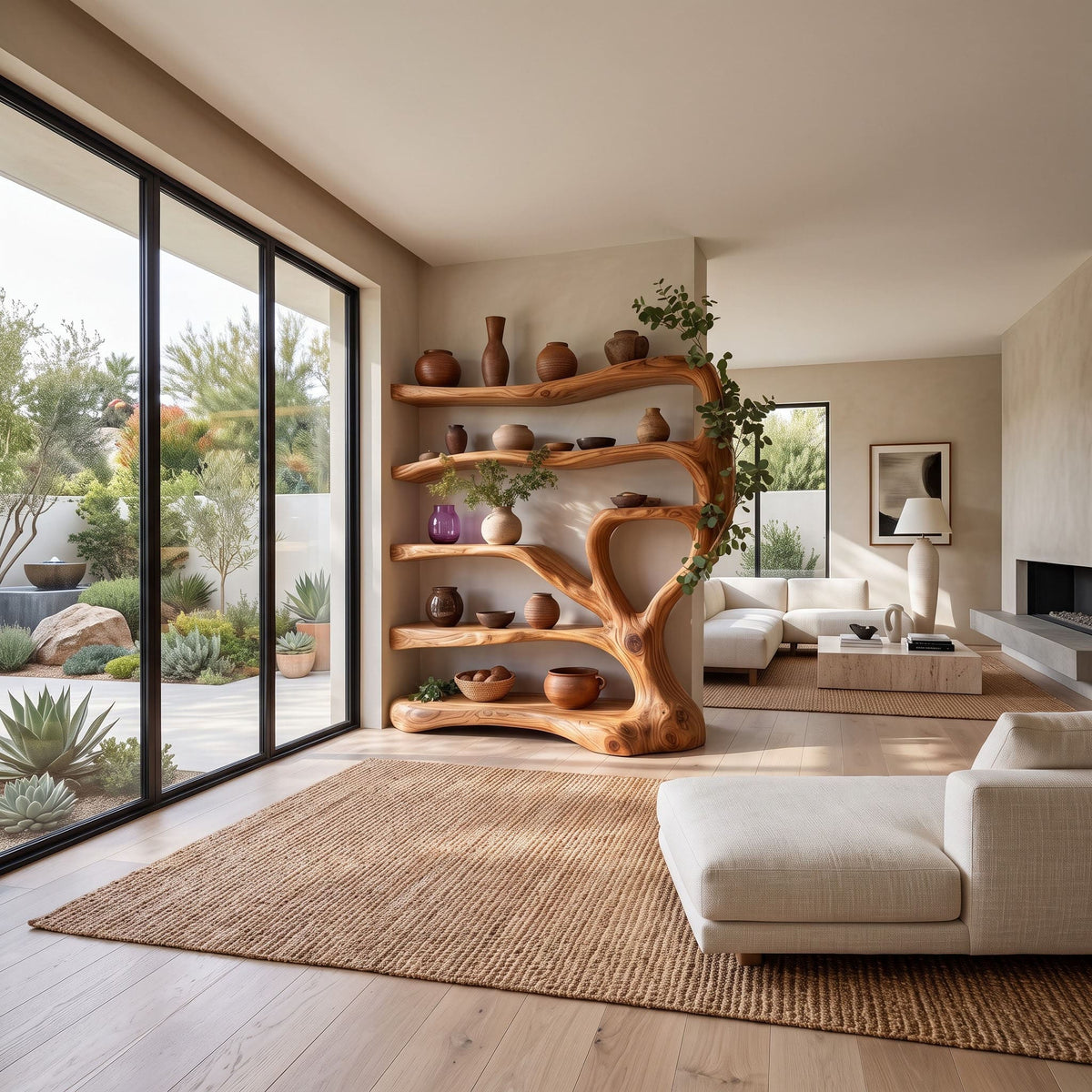 Multi-tier natural wood tree architecture room divider for a sunlit modern studio apartment