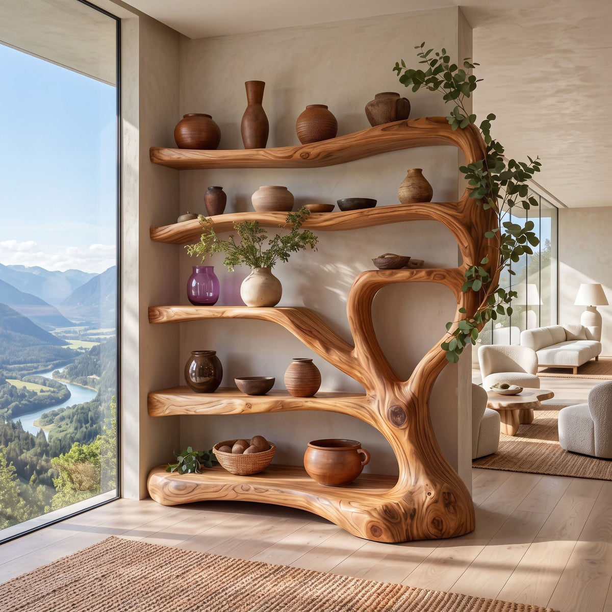 Artisanal solid timber tree-shaped display divider elevating a biophilic master suite
